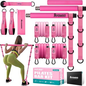 Pilates Bar Kit with Resistance Bands, Pilates Workout Equipment for Legs, Hip, Waist, Arm, Squats Exercise Equipment for Home Workouts, Adjustable 3-Section Pilates Bar Kit for Women & Men