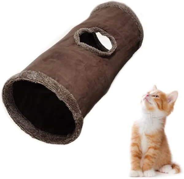 Primst Collapsible Cat Tunnel, Durable Suede Pet Toys Play Tunnel Tube with Ball and Hole,for Cats, Kitty and Rabbits (Brown 26x12inch)