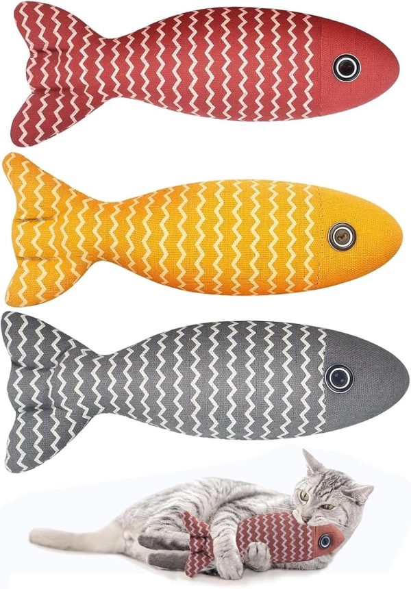 RJFUJP 3PCS Catnip Toy, Cat Catnip Toys Fish, Plush Cartoon Kitten Teething Interactive Toy for Pet Cat Playing Chewing Teeth Cleaning(Red, Orange, Grey)