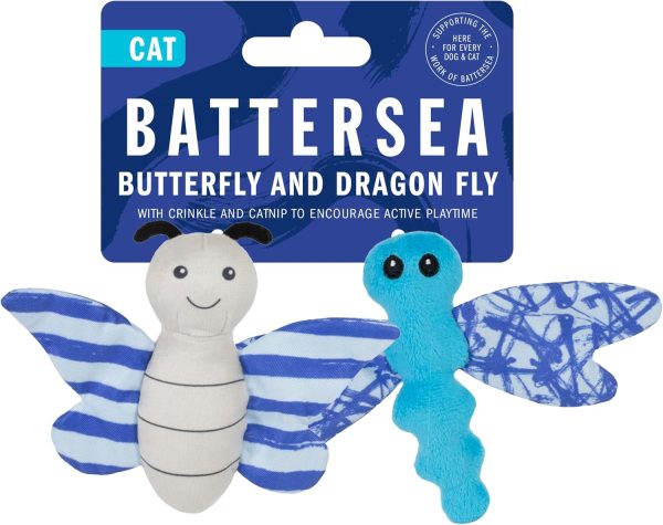 Rosewood Battersea Butterfly and Dragonfly Duo Cat Toys, Catnip Toys, 2PC Cat Toys with Battersea Prints, Crinkle and Plush Toys for Cats, Blue