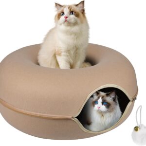 SERLD Peekaboo Cat Cave,Cat Tunnel Bed for Indoor Cats,Cat Donut Tunnel for Pet Cat House,Detachable Round Cat Felt & Washable Interior Cat Play Tunnel (Large, Beige)