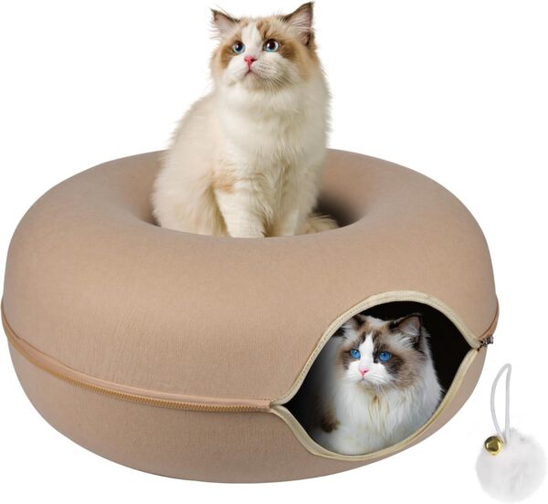 SERLD Peekaboo Cat Cave,Cat Tunnel Bed for Indoor Cats,Cat Donut Tunnel for Pet Cat House,Detachable Round Cat Felt & Washable Interior Cat Play Tunnel (Large, Beige)