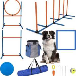 Sedeke 4 Sets Pets Agility Training Equipment, Obstacle Training Course Kit, Adjustable Dog Hoop, Dog Jump, Weave and Blind Poles and Pause Box for Dog Obstacle Course Outdoor Game