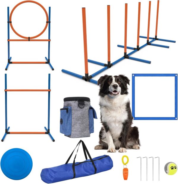 Sedeke 4 Sets Pets Agility Training Equipment, Obstacle Training Course Kit, Adjustable Dog Hoop, Dog Jump, Weave and Blind Poles and Pause Box for Dog Obstacle Course Outdoor Game