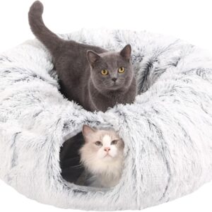 Shank Ming Cat Tunnel Bed,Collapsible Cat Tunnel with Central Mat,Plush Cat Tunnels for Indoor Cats with Hanging Ball and Peephole,Cat Play Tunnel