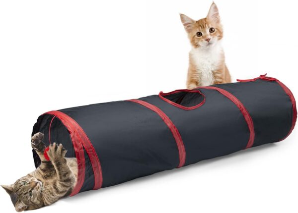 Sheldamy Cat Tunnel, 2-Way Cat Tunnels for Indoor Cats, Collapsible Cat Play Tunnel, Interactive Toy Maze Cat House with 1 Play Ball for Cats, Puppy, Kitty, Kitten, Rabbit (Red & Black)