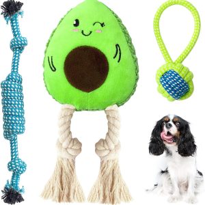 Sqinor Puppy Toys Chew Toys for Teething Small Dogs, Squeaky Plush Dog Rope Toys Set, Cute Interactive Tug Rope Toys for Boredom Small and Medium Dogs (Avocado and Rope Dog Toys)