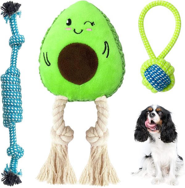 Sqinor Puppy Toys Chew Toys for Teething Small Dogs, Squeaky Plush Dog Rope Toys Set, Cute Interactive Tug Rope Toys for Boredom Small and Medium Dogs (Avocado and Rope Dog Toys)