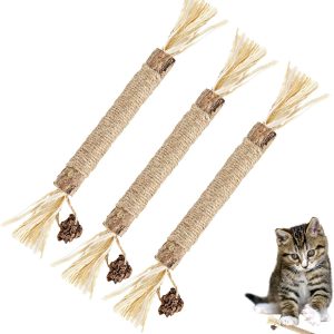 TOYMIS 3pcs Natural Silvervine Sticks, Silvervine Cat Toys Catnip Chew Sticks for Cats Kitten Teething Toys Cat Teeth Cleaning Toy