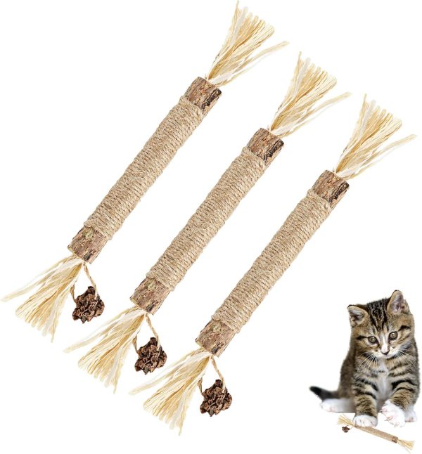 TOYMIS 3pcs Natural Silvervine Sticks, Silvervine Cat Toys Catnip Chew Sticks for Cats Kitten Teething Toys Cat Teeth Cleaning Toy