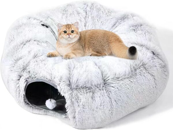 TUAHOO 33.5" Cat Tunnel Bed with Washable Cushion Mat for Indoor Cats, Peekaboo Cat Cave, Donut Cat Play Tunnel, Soft Fluffy Pet Bed for Cats, Small Dogs, Kitten, Puppy, Rabbit, Ferret