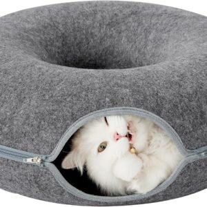 Tempcore Round Cat Tunnel Bed for Indoor Cats, Peekaboo Cat Cave with Ball Toy, Scratch Detachable & Washable Donut Cat Bed, Cat Play Tunnel for Small Pets (20 Inch, Dark Grey)