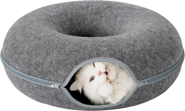 Tempcore Round Cat Tunnel Bed for Indoor Cats, Peekaboo Cat Cave with Ball Toy, Scratch Detachable & Washable Donut Cat Bed, Cat Play Tunnel for Small Pets (20 Inch, Dark Grey)