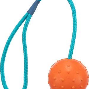 Trixie 3305 Ball on rope, natural rubber, ø 6/30 cm, orange/turquoise, pack of 1, dog, sizes all breeds, fetch, tug-of-war