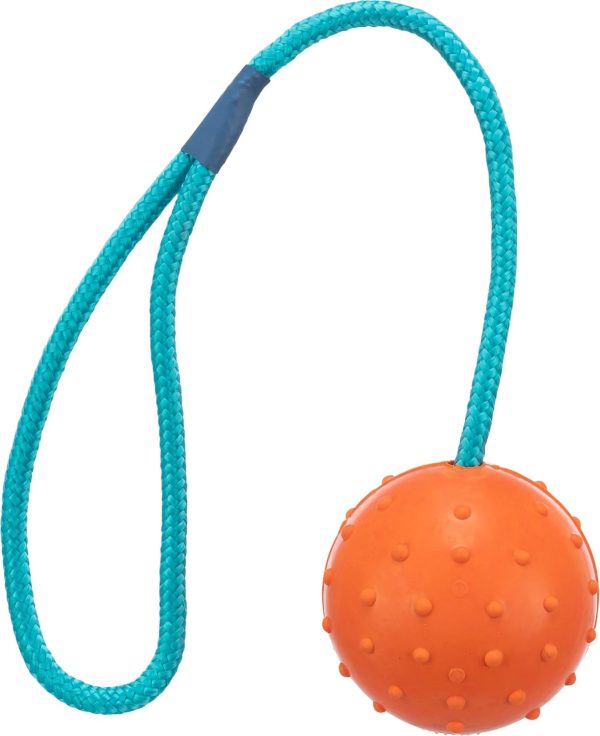 Trixie 3305 Ball on rope, natural rubber, ø 6/30 cm, orange/turquoise, pack of 1, dog, sizes all breeds, fetch, tug-of-war