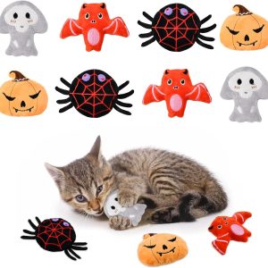 Vehomy 8PCS Halloween Cat Catnip Toys Plush Cat Teething Toys with Crinkle Paper Cat Halloween Pumpkin Spider Bat Ghost Interactive Toys Catnip Toy for Kitten Cat Kitty