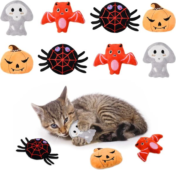 Vehomy 8PCS Halloween Cat Catnip Toys Plush Cat Teething Toys with Crinkle Paper Cat Halloween Pumpkin Spider Bat Ghost Interactive Toys Catnip Toy for Kitten Cat Kitty