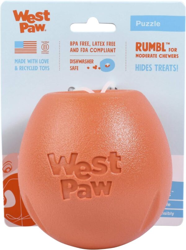 WEST PAW Zogoflex Rumbl Treat-Dispensing Dog Toy –– Dog Enrichment Toy – Dog Toy for Moderate Chewers, Fetch, Catch – Holds Kibble, Treats (Melon, Large)