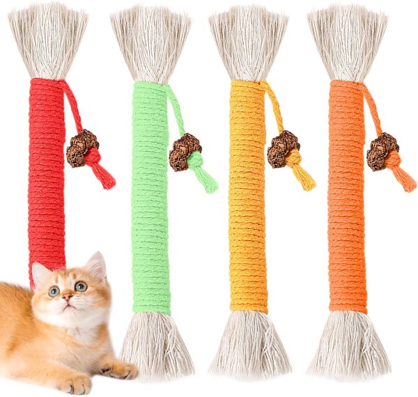 WNV 4 Pcs Cat Chew Sticks, Kitten Teething Toys for Cat Teeth Cleaning, Rope Cat Chew Toy Catnip Toys for Indoor Cats Kitten, Stress Release Cotton Rope Cat Toy