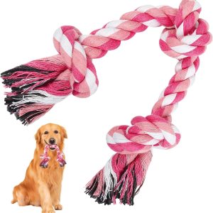 WNV Dog Rope Toys Indestructible, Strong Dog Chew Toys for Medium Small Dogs, 14 Inch 3 Knots Tough Dog Tug Toys for Aggressive Chewers (Natural Cotton,Pink)