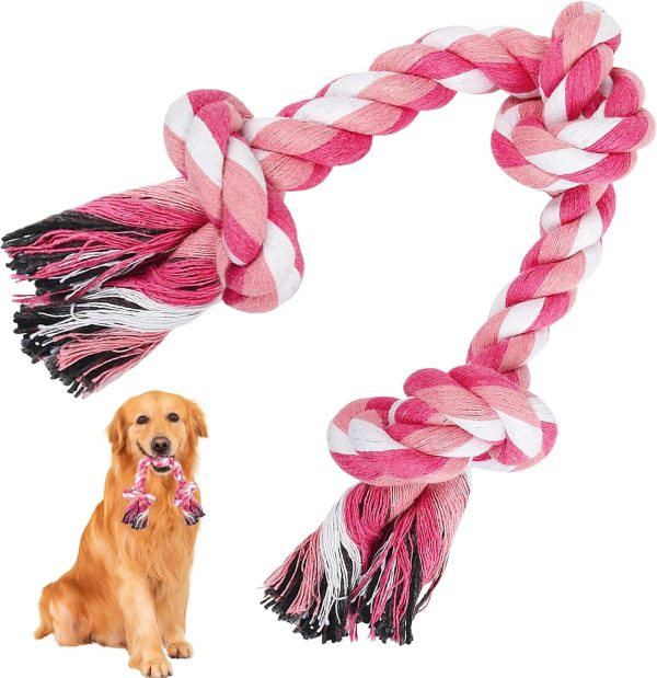 WNV Dog Rope Toys Indestructible, Strong Dog Chew Toys for Medium Small Dogs, 14 Inch 3 Knots Tough Dog Tug Toys for Aggressive Chewers (Natural Cotton,Pink)