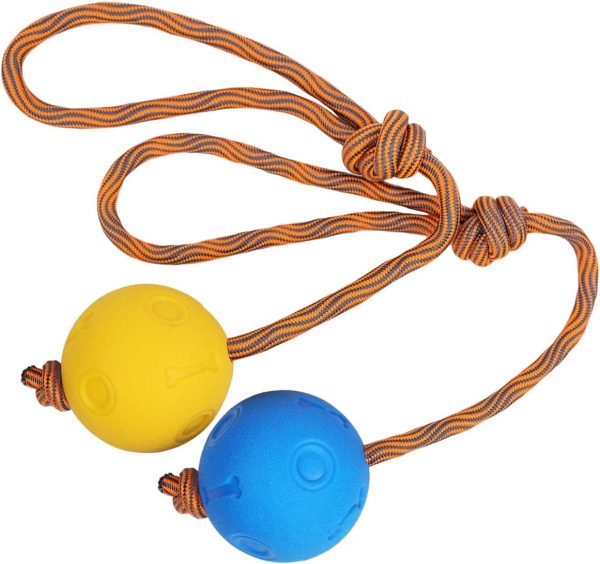 Weeyuu Rope Dog Toy, 2 Pack Ball on a Rope Dog Toys Durable Elastic Solid Rubber Balls for Fetch, Catch, Throw and Tug of War (6 cm, Blue + Yellow)