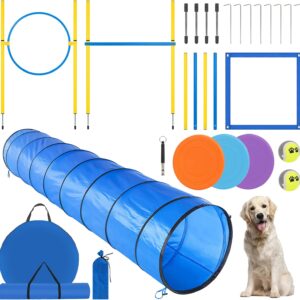 YGORTECH Dog Agility Training Equipment - Dog Obstacle Course Training Starter Kit - Pet Outdoor Games with Tunnel, Weave Poles, Adjustable Hurdle, Jump Ring, Pause Box, Toys and Carrying Bag