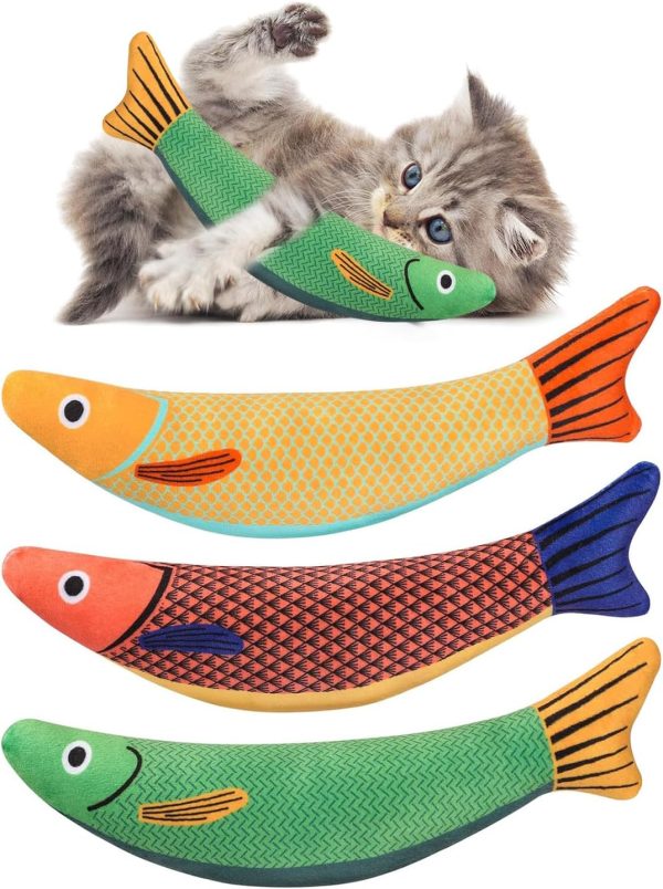 ZEACCT 3 Pieces Catnip Fish Toys for Cat, Cat Fish Pillow, Cat Chewing Fish Toys, Plush Cartoon Kitten Teething Interactive Toy, Catnip Fish Toys for Cats Interactive, for Cat, Puppy, Dog