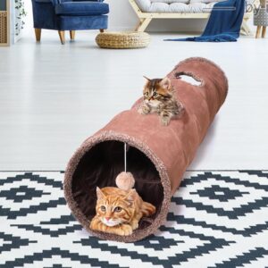 ZENFUN Collasiple Cat Play Tunnel, 12"x 51" Cat Tubes and Tunnels, Cat Foldable Hide and Seek Tunnel Toy, Brown Suede Pet Tube Toy for Rabbits, Ferrets, Puppy, Diameter 12 Inch