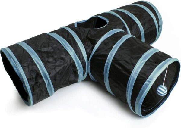 igadgitz home U6979-3 Way Cat Tunnel Collapsible Pet Tunnel Interactive Rabbit Tunnel with Hanging Ball - Indoor/Outdoor - Black/Blue Trim