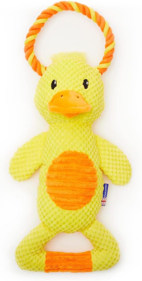 Duck Dog Toy Dual Tug-Bright Yellow-Great for Interactive Play for dogs or puppy-Multiple textures including rope, Squeaky