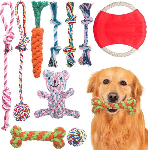 Weocar Dog Rope Toys, Cotton Puppy Rope Toys for Teeth Cleaning, Small Dogs Chew Toys, Dog Tug Ropes, Family Interactive Games with Dogs, Nice Variety of Dog Rope Toys, Set of 10