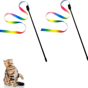 Cretty-Meet 2pcs Cat Wand Interactive Toy Colorful Fabric Ribbon Rainbow Cat String Toy Cat Teaser Wand for Kitten Exerciser Accessories Cat Training Playing Creative Funny Indoor Pet Interactive Toy