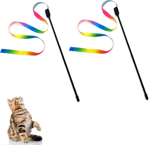 Cretty-Meet 2pcs Cat Wand Interactive Toy Colorful Fabric Ribbon Rainbow Cat String Toy Cat Teaser Wand for Kitten Exerciser Accessories Cat Training Playing Creative Funny Indoor Pet Interactive Toy