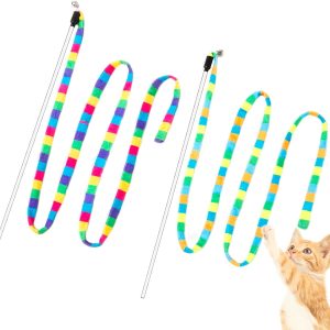 FYNIGO Interactive Cat Rainbow Wand Toys for Indoor Cats Adult and Kitten,Extended Colorful Cat Teaser Wand String Plush Toy,Original Product Strong and Sturdy Pole with Bells(2 Pack)