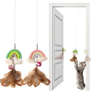 YUDANSI Cat Feather Toy-Interactive Toy with Retractable Hanging Bands, Replacer for Cat Wand for Indoor Cats Playing Chasing