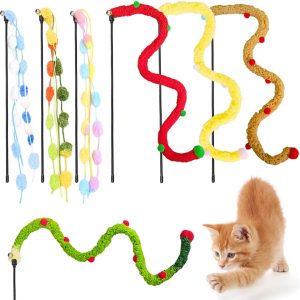 AVYDIIF 7 Pcs Cat String Toys with Wand Plush, Cat Interactive Teaser Wand Kitten Colorful Rope Toys for Most Indoor Adult Cats Kitty Kitten to Chase and Exercise with Strong Sturdy Pole with Bells