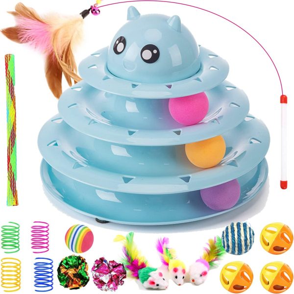 17 Pack Cat Toys Interactive for Indoor Cats Kitten Toy Fun Roller 3 Level Cat Teaser Ball Toys with Cat Feather Wand