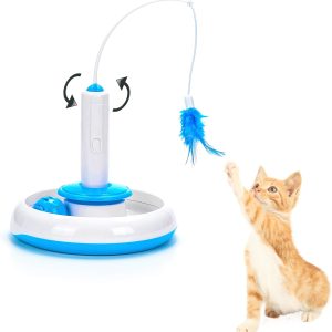 Vealind Interactive Cat Toy with Electric 360° Rotating Feather Toys & Ringing Bell Ball, 2 in 1 Roller Ball Toy with Teaser Feather Wand (360° Rotating Toys)