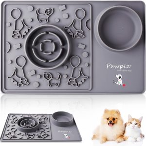 Pawpiz 3 in 1 Pet Food Mat | 40 x 26 cm | Lick Mat + Slow Feeder + Water Bowl | Anti-Spill Edge & Anti-Slip | UK Brand (Crete Shore)