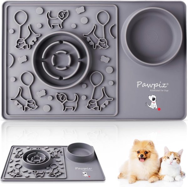 Pawpiz 3 in 1 Pet Food Mat | 40 x 26 cm | Lick Mat + Slow Feeder + Water Bowl | Anti-Spill Edge & Anti-Slip | UK Brand (Crete Shore)