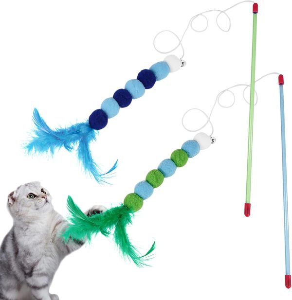 2Pcs Cat Feather Toys,Cat Wand Toys with Bell and Plush Balls,Colourful Interactive Kitten Teaser Pet Toy Wire Chaser Wand Teaser Feather for Cat Indoor Playing Exercising Interactive Training