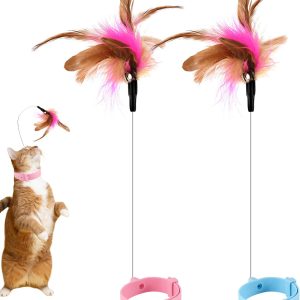 2pcs Cat Collar Toy, Silicone Cat Teasing Wand Adjustable Cat Feather Collar Toys with Bell Cat Interactive Teaser Toys for Indoor Cat Playing Training (Pink, Blue)