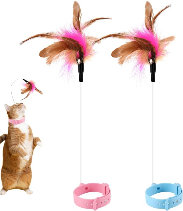 2pcs Cat Collar Toy, Silicone Cat Teasing Wand Adjustable Cat Feather Collar Toys with Bell Cat Interactive Teaser Toys for Indoor Cat Playing Training (Pink, Blue)