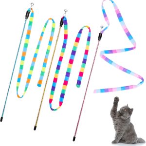 3Pcs Interactive Cat Rainbow Wand Toys for Indoor Cats, Colorful Cat Wand Toy String Plush Toy Cat Teaser Wand with Bell for Kitten Cat Exerciser Playing