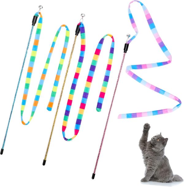 3Pcs Interactive Cat Rainbow Wand Toys for Indoor Cats, Colorful Cat Wand Toy String Plush Toy Cat Teaser Wand with Bell for Kitten Cat Exerciser Playing