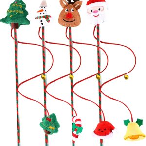 4 Pcs Christmas Cat Wand Toy,Christmas Design Interactive Cat Teaser Wand Toys with Bells,Funny Kitten Stick Toys for Indoor Cats,Christmas Party Cat Toys for Cat Interactive,Training