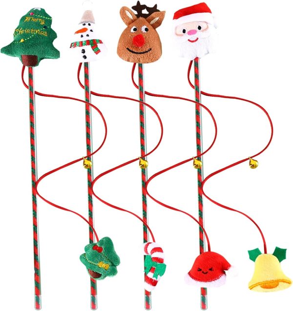 4 Pcs Christmas Cat Wand Toy,Christmas Design Interactive Cat Teaser Wand Toys with Bells,Funny Kitten Stick Toys for Indoor Cats,Christmas Party Cat Toys for Cat Interactive,Training