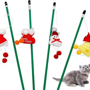 4Pcs Christmas Cat Wand Toys Xmas Interactive Retractable Cat Teaser Wand with Bells Snowman Christmas Hat Bell Christmas Socks Cat Teaser Wand Toys with Elastic Rope