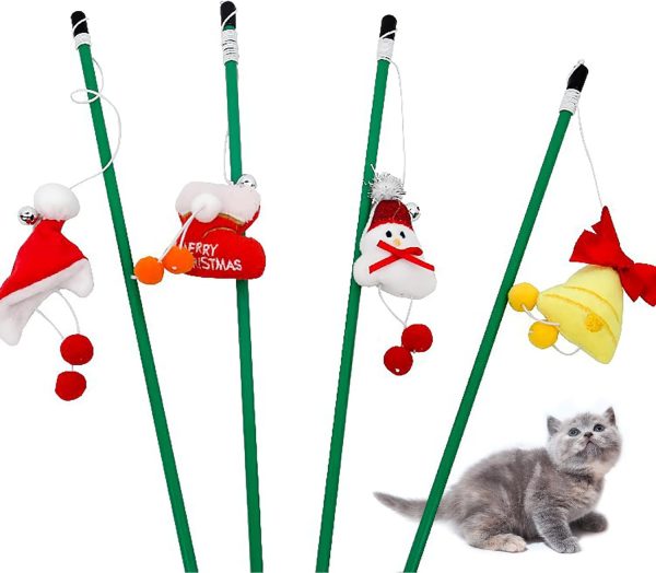 4Pcs Christmas Cat Wand Toys Xmas Interactive Retractable Cat Teaser Wand with Bells Snowman Christmas Hat Bell Christmas Socks Cat Teaser Wand Toys with Elastic Rope